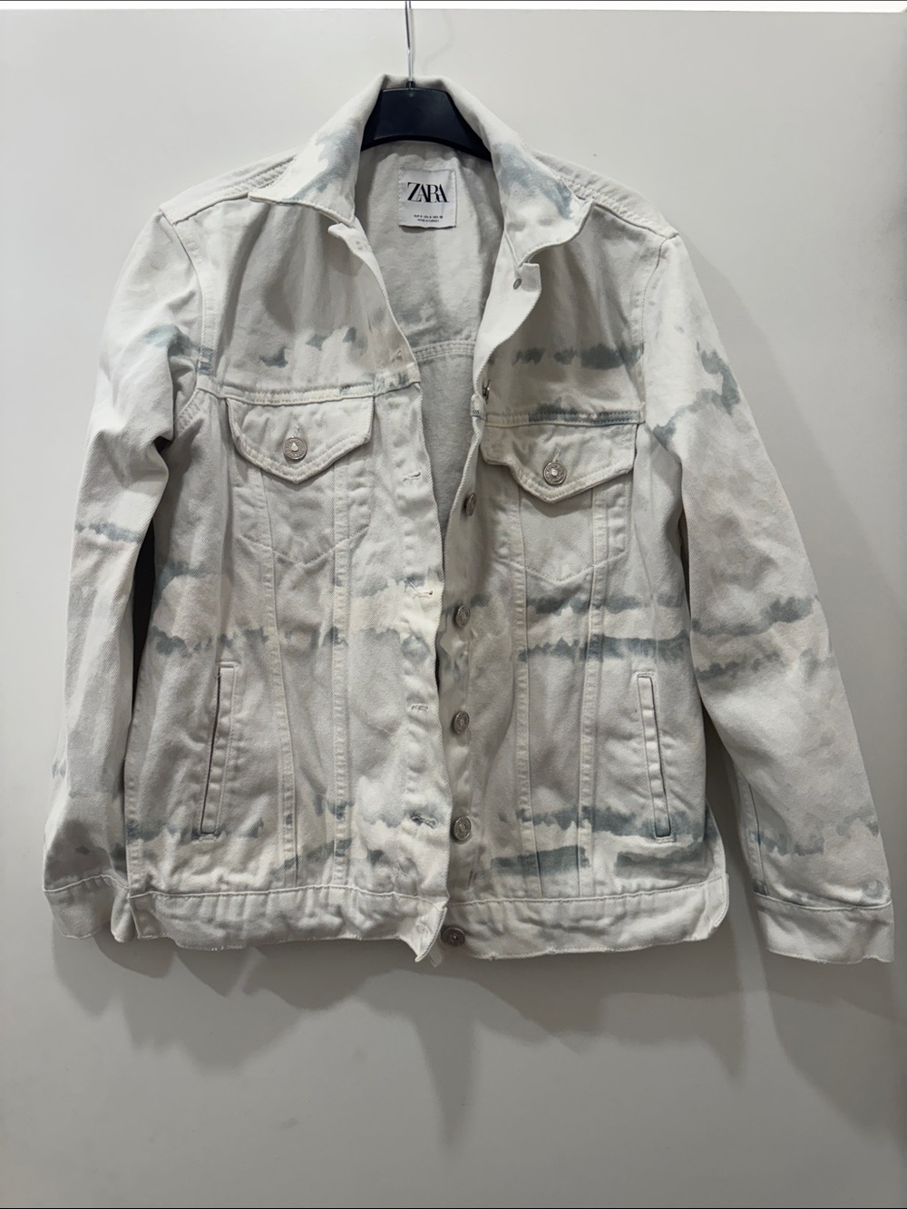 Zara White and Light Gray oversized Tie-Dye Denim Jacket with side slits